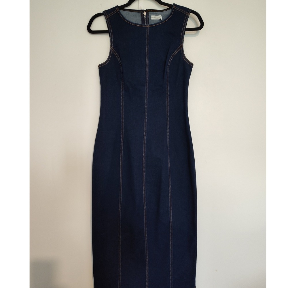 Avec Les Filles Denim Midi Dress Dark Wash Sleeveless Sheath Indigo Size 4 NWT